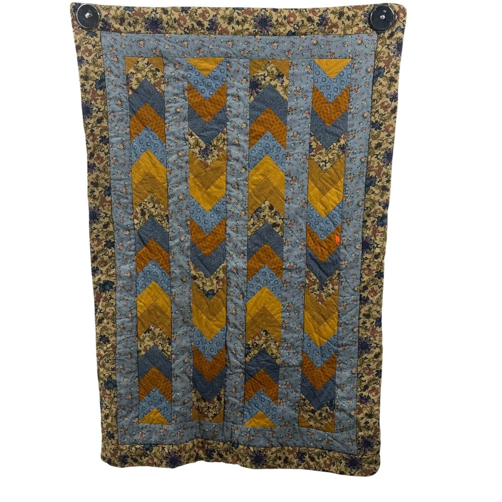 Handmade Chevron Quilted Wall Hanging Floral Patchwork Mustard Blue 33x48